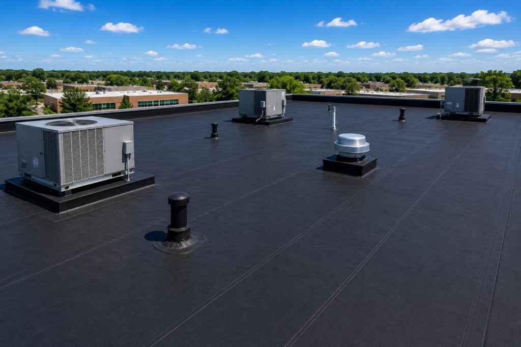 Commercial EPDM roof on a low-slope building with black rubber membrane roofing