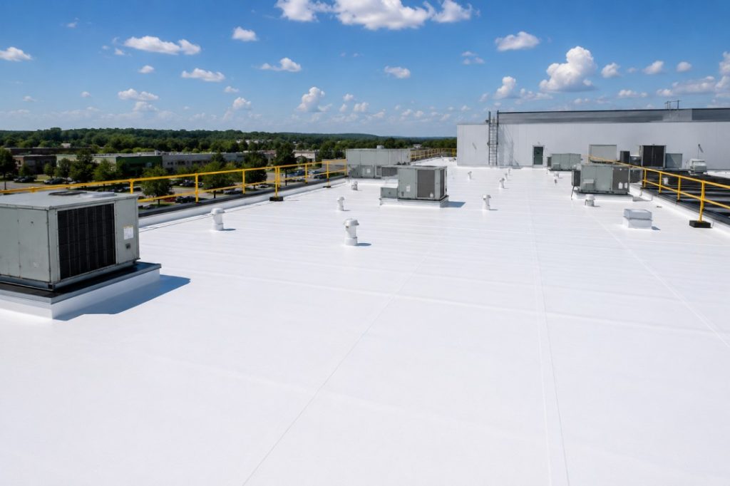 Commercial rooftop under a clear sky