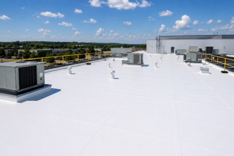 Commercial rooftop under a clear sky
