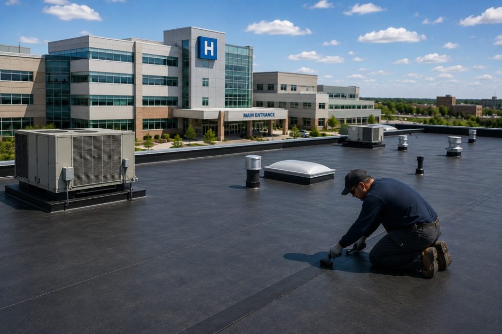 Rooftop worker performing maintenance with hospital backdrop